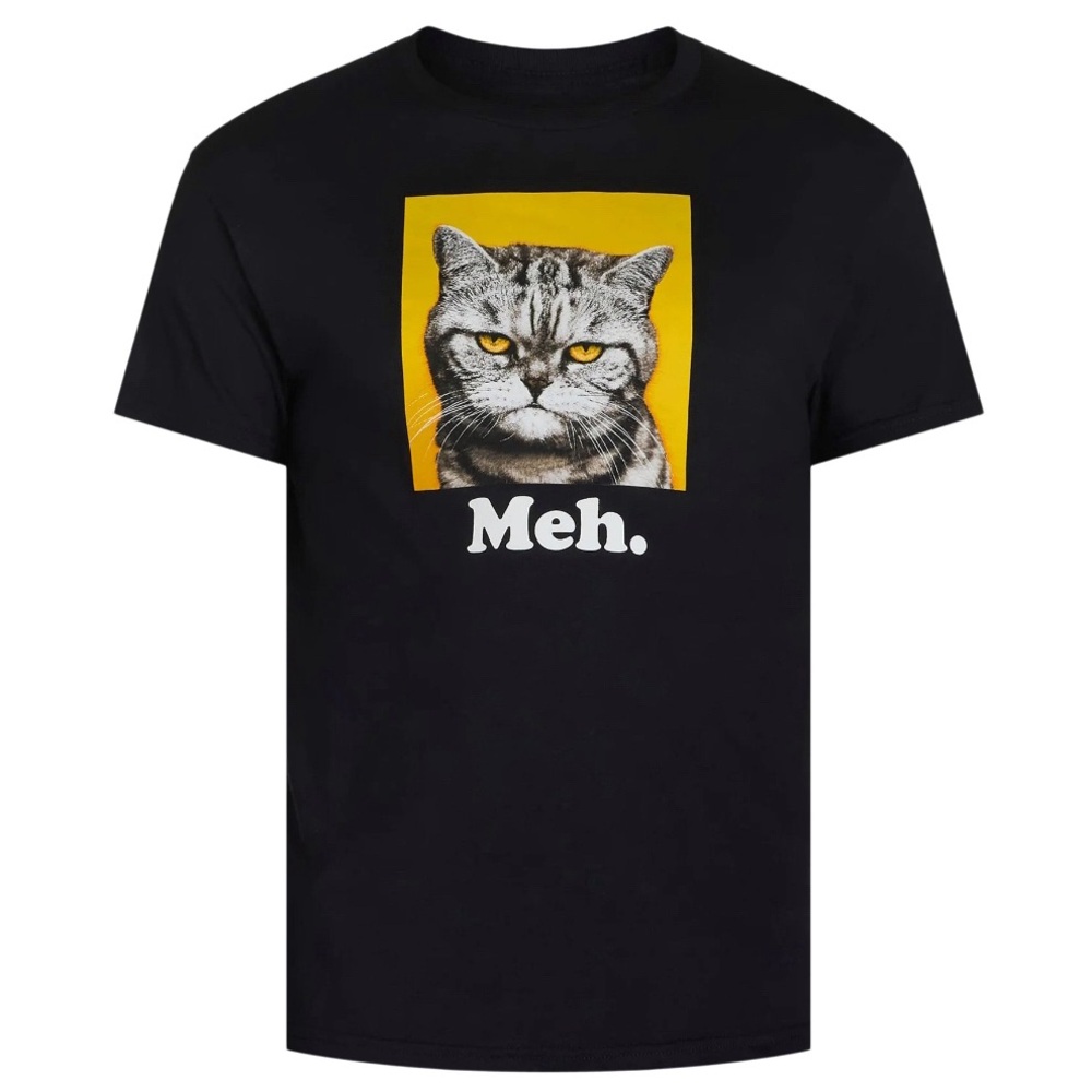 NEW Black Gray Cat Yellow Background Funny MEH Short Sleeve Graphic T-shirt S 2X
